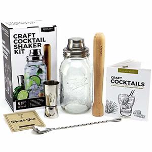 Premium Cocktail Shaker Kit Bar Gift Set With Mason Jar, Jigger, Spoon and Wooden Muddler