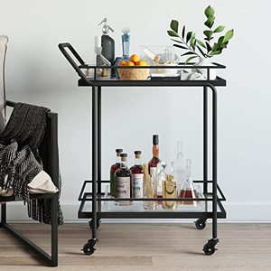 Rolling Bar Cart For Cocktails, 2-Tiered Glass And Metal