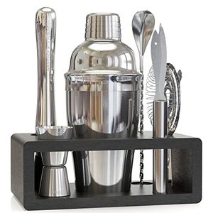 Includes a 28-Ounce Shaker and Strainer, Double-Sided Jigger and Two 10-Ounce Highball Glasses
